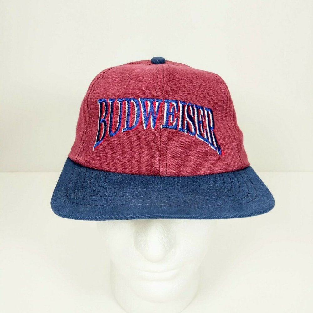 Vtg DEADSTOCK Budweiser Embroidered Spellout Red Blue Snapback Made USA Hat Cap